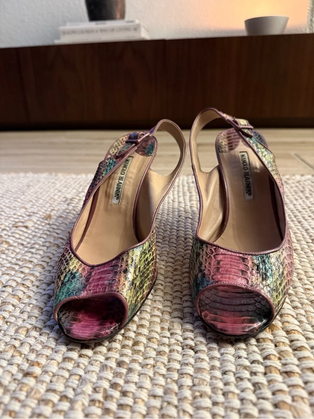 Vintage Manolo Blahnik Snakeskin Slingback Heels | Peep-Toe Pumps | Size 39.5